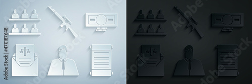Set Lawyer, attorney, jurist, Stacks paper money cash, Subpoena, Decree, paper, parchment, scroll, Sniper rifle with scope and Jurors icon. Vector