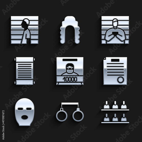 Set Wanted poster, Handcuffs, Jurors, The arrest warrant, Thief mask, Decree, paper, parchment, scroll, Suspect criminal and icon. Vector