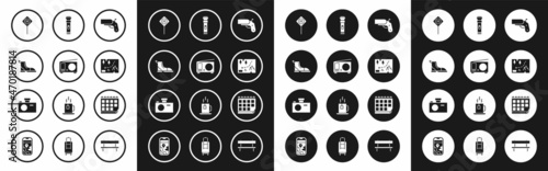 Set Flare gun pistol, Radio with antenna, Hiking boot, Parking, Folded map location, Flashlight, Calendar and Photo camera icon. Vector