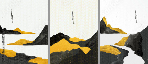 Vector graphic illustration. Abstract landscape. Mountains, hills. Japanese wavy pattern. Backgrounds collection. Asian style. Design for poster, book cover, web template, brochure. Gold paint
