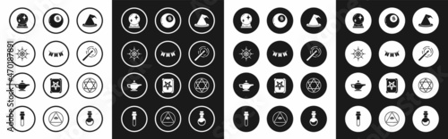 Set Witch hat, Carnival garland with flags, Spider web, Magic ball, wand, of predictions, Star David and lamp or Aladdin icon. Vector