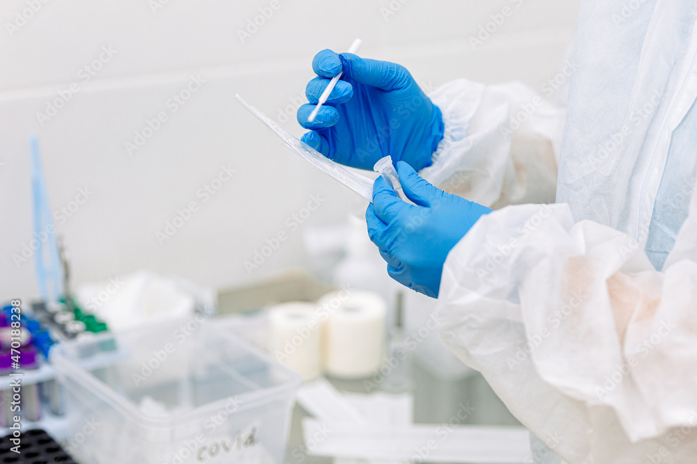 Fototapeta premium scientist working in laboratory in blue medical gloves doing a covid test 