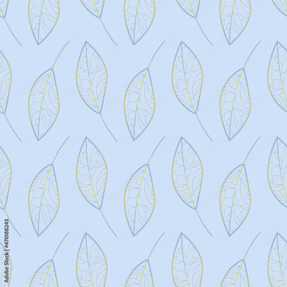Minimalistic floral pattern on a blue background with silhouettes of leaves