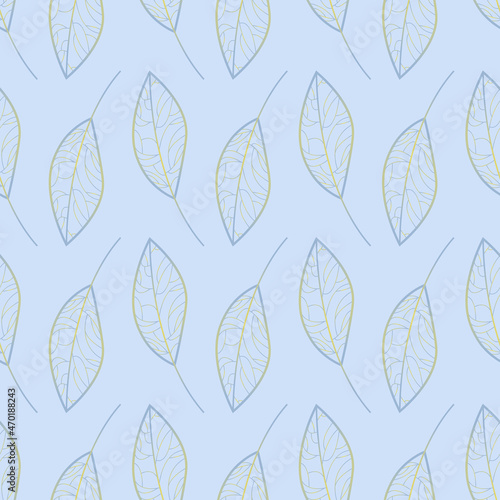 Minimalistic floral pattern on a blue background with silhouettes of leaves