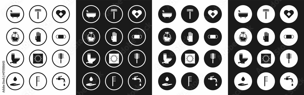 Set Heart with a cross, Rubber gloves, Perfume, Bathtub, Medical protective mask, Shaving razor, Hairbrush and Toilet bowl icon. Vector Set Heart with a cross, Rubber gloves, Perfume, Bathtub, Medical protective mask, Shaving razor, Hairbrush and Toilet bowl icon. Vector