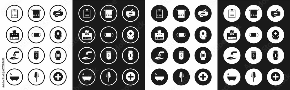 Set Bar of soap, Medical protective mask, Wet wipe pack, Clipboard with checklist, Toilet paper roll, Towel on hanger, Sanitary napkin and Washing hands icon. Vector Set Bar of soap, Medical protective mask, Wet wipe pack, Clipboard with checklist, Toilet paper roll, Towel on hanger, Sanitary napkin and Washing hands icon. Vector