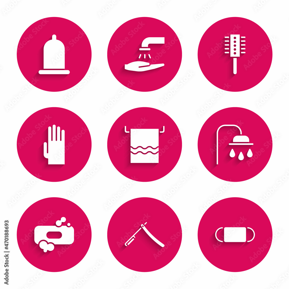 Set Towel on a hanger, Straight razor, Medical protective mask, Shower head, Bar of soap, Rubber gloves, Hairbrush and Condom icon. Vector Set Towel on a hanger, Straight razor, Medical protective mask, Shower head, Bar of soap, Rubber gloves, Hairbrush and Condom icon. Vector