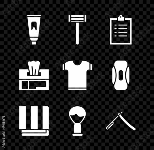Set Tube of toothpaste, Shaving razor, Clipboard with checklist, Towel stack, brush, Straight, Wet wipe pack and T-shirt icon. Vector
