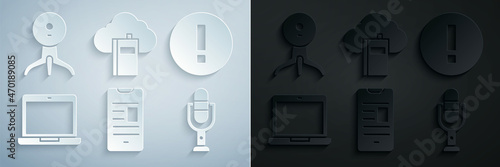 Set Online book on mobile, Information, Laptop, Microphone, Cloud online library and Web camera icon. Vector