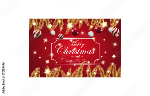 Festive banner with christmas and happy new year. The invitation is strewn with Christmas balls and Christmas tree branches. Stock Vector Illustration. Red background. Holiday. December. Winter.