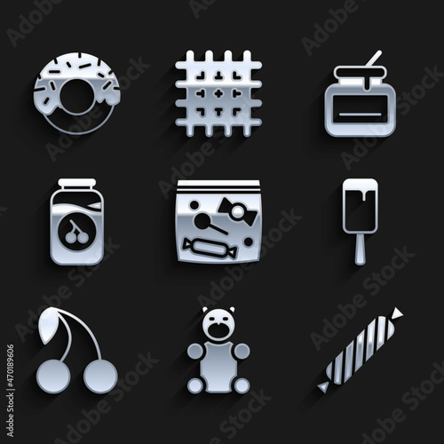 Set Candy packaging for sweets, Jelly bear candy, Ice cream, Cherry, jam jar, Jar of honey and Donut icon. Vector