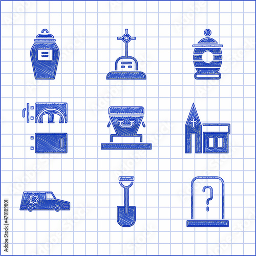 Set Coffin, Shovel, Grave with tombstone, Church building, Hearse car, Crematorium, Funeral urn and icon. Vector