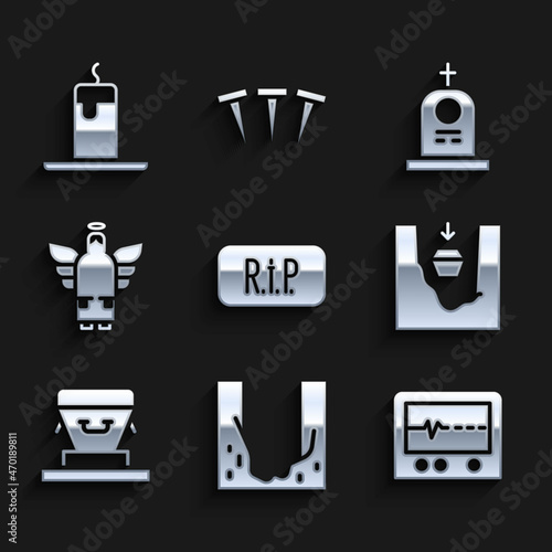 Set Speech bubble rip death, Cemetery digged grave hole, Beat dead in monitor, Coffin, Christmas angel, Grave with tombstone and Burning candle icon. Vector