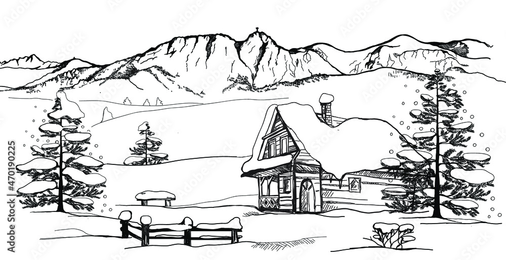 merry christmas, house, christmas, winter, house, snow, trees, illustration, winter landscape drawing, vector, winter, zakopane , tatry, highlander's cottage, folklore