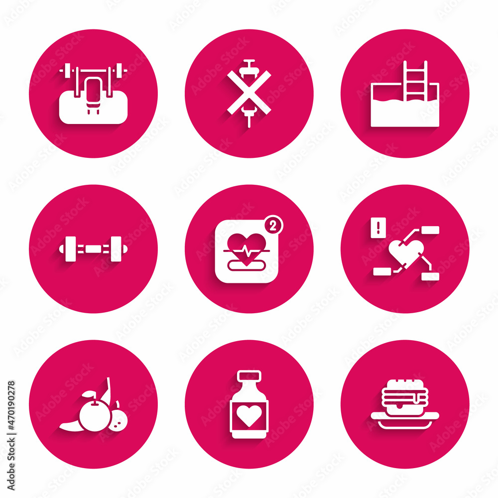 Set Mobile with heart rate, Vitamin pill, Junk food, Attention to health, Fruit, Dumbbell, Swimming pool ladder and Bench barbel icon. Vector Set Mobile with heart rate, Vitamin pill, Junk food, Attention to health, Fruit, Dumbbell, Swimming pool ladder and Bench barbel icon. Vector