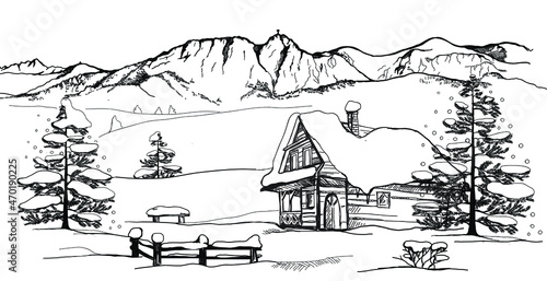 Obraz na płótnie merry christmas, house, christmas, winter, house, snow, trees, illustration, winter landscape drawing, vector, winter, zakopane , tatry, highlander's cottage, folklore w salonie