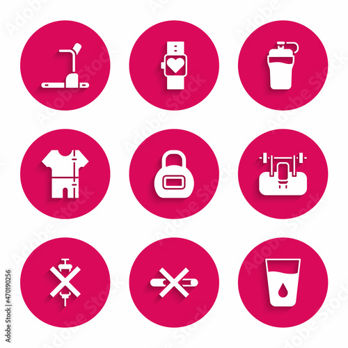 Set Kettlebell, No Smoking, Glass with water, Bench barbel, doping syringe, Sport track suit, Fitness shaker and Treadmill machine icon. Vector