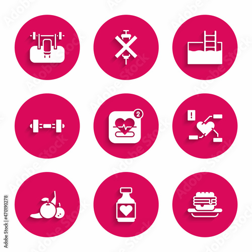 Set Mobile with heart rate, Vitamin pill, Junk food, Attention to health, Fruit, Dumbbell, Swimming pool ladder and Bench barbel icon. Vector