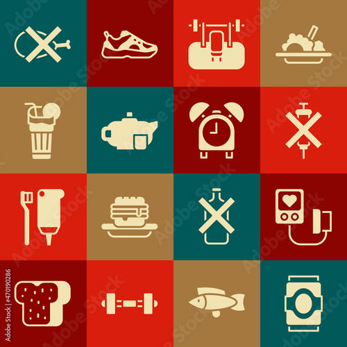 Set Soda can, Blood pressure, No doping syringe, Bench with barbel, Teapot cup, Fresh smoothie, meat and Alarm clock icon. Vector