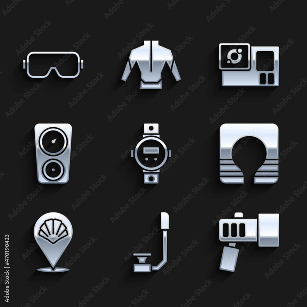 Set Diving watch, Snorkel, Flashlight, Life jacket, Scallop sea shell, Gauge scale, Action camera and mask icon. Vector Set Diving watch, Snorkel, Flashlight, Life jacket, Scallop sea shell, Gauge scale, Action camera and mask icon. Vector