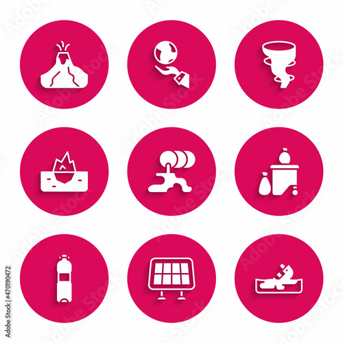 Set Barrel oil leak, Solar energy panel, Wrecked tanker ship, Full dustbin, Bottle of water, Iceberg, Tornado and Volcano eruption with lava icon. Vector