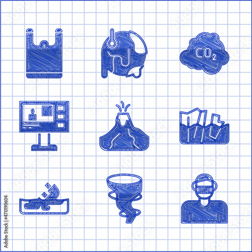 Set Volcano eruption with lava, Tornado, Face in protective mask, Glacier melting, Wrecked oil tanker ship, Television report, CO2 emissions cloud and Plastic bag icon. Vector