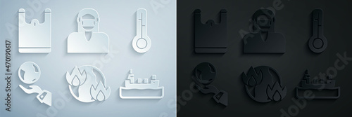 Wallpaper Mural Set Global warming fire, Meteorology thermometer, Hands holding Earth globe, Oil tanker ship, Face protective mask and Plastic bag icon. Vector Torontodigital.ca