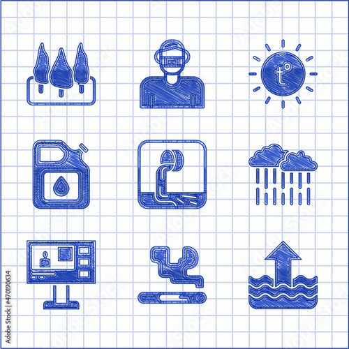 Set Wastewater, Cigarette, Rise in level, Cloud with rain, Television report, Canister for gasoline, Sun and Forest icon. Vector