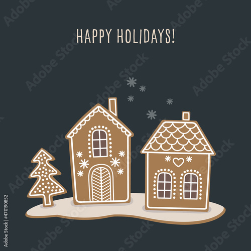 Gingerbread houses vector illustration. Happy holidays greeting card. 
