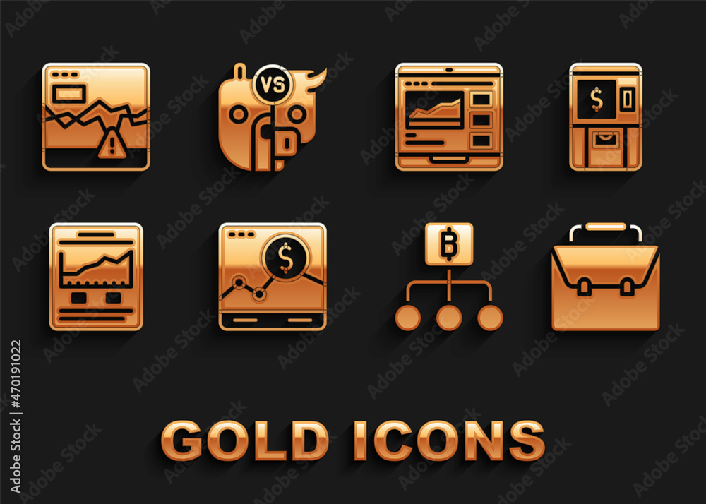 Set Website with growth graph, ATM and money, Briefcase, Blockchain technology Bitcoin, Trading courses, Failure stocks market and Bull bear of icon. Vector Set Website with growth graph, ATM and money, Briefcase, Blockchain technology Bitcoin, Trading courses, Failure stocks market and Bull bear of icon. Vector