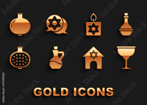 Set Bottle of olive oil, Jewish wine bottle, goblet, synagogue, Pomegranate, Burning candle, and Star David icon. Vector