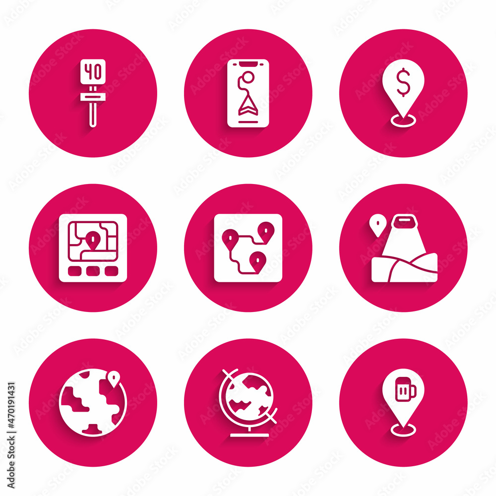 Set Route location, Earth globe, Alcohol or beer bar, Location with mountain, the, Gps device map, Cash and Road traffic sign icon. Vector Set Route location, Earth globe, Alcohol or beer bar, Location with mountain, the, Gps device map, Cash and Road traffic sign icon. Vector
