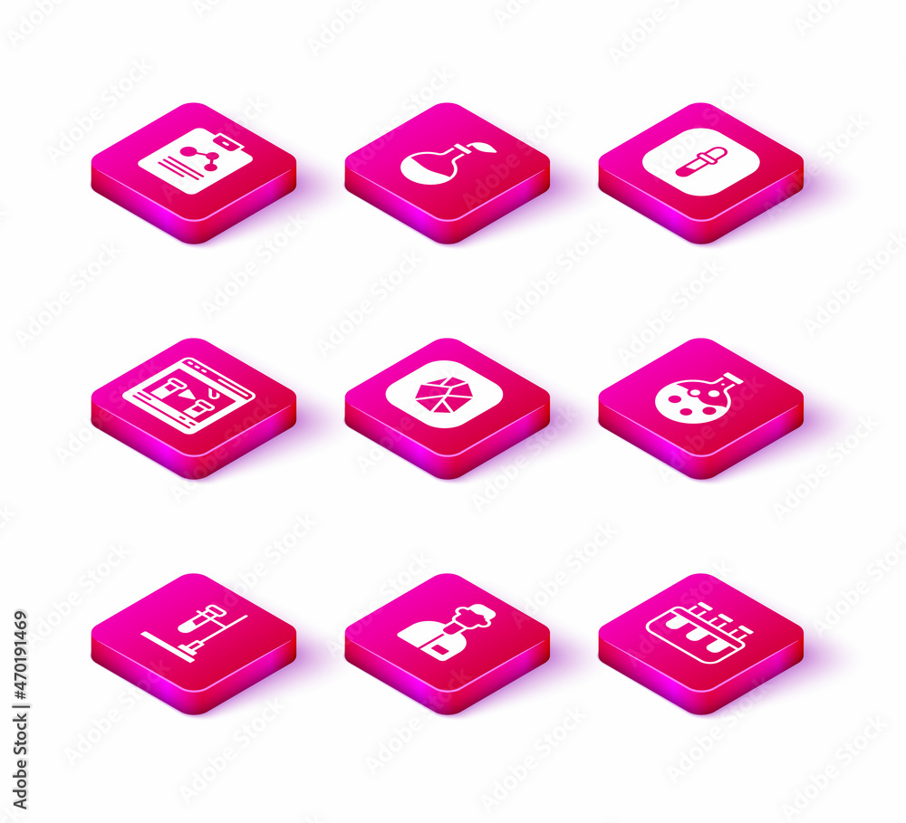 Set Test tube flask on fire, Laboratory assistant, Chemical online, Salt stone, and, Pipette and Plant breeding icon. Vector Set Test tube flask on fire, Laboratory assistant, Chemical online, Salt stone, and, Pipette and Plant breeding icon. Vector