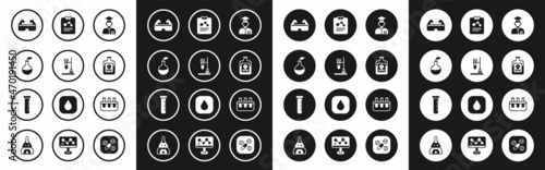Set Laboratory assistant, Test tube flask on fire, Plant breeding, Safety goggle glasses, Poison bottle, Chemistry report, and and icon. Vector
