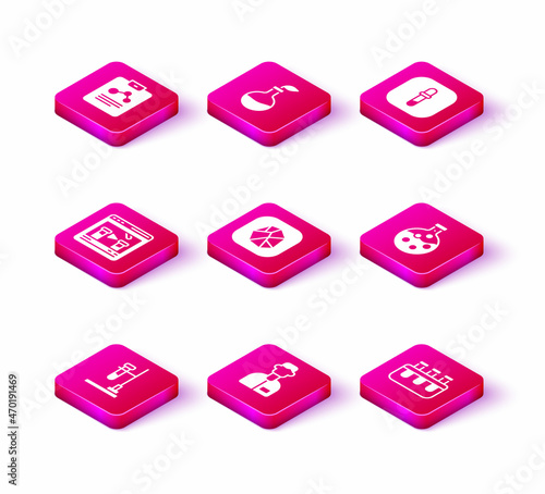 Set Test tube flask on fire, Laboratory assistant, Chemical online, Salt stone, and, Pipette and Plant breeding icon. Vector