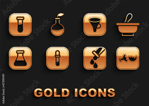 Set Pipette, Mortar and pestle, Broken flask, Test tube, Funnel filter, and Plant breeding icon. Vector