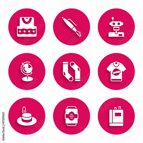 Set Socks, Energy drink, Book, T-shirt, Man hat, Earth globe, Robot and Waistcoat icon. Vector