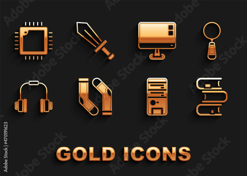 Set Socks, Magnifying glass, Book, Computer, Headphones, monitor screen, Processor with CPU and Sword for game icon. Vector