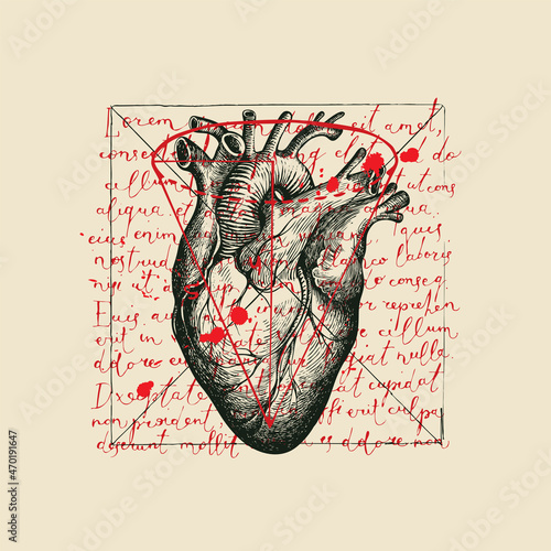 Vector illustration with black hand-drawn heart and red handwritten text Lorem ipsum on an old paper background. Abstract banner with detailed pencil drawing of a human internal organ in retro style