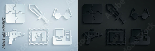 Set Postal stamp, Eyeglasses, Ray gun, Monitor with keyboard, Sword for game and Piece of puzzle icon. Vector