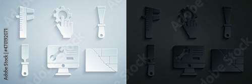 Set Computer monitor service, Putty knife, Rasp metal file, Bricks, Settings in the hand and Calliper caliper scale icon. Vector
