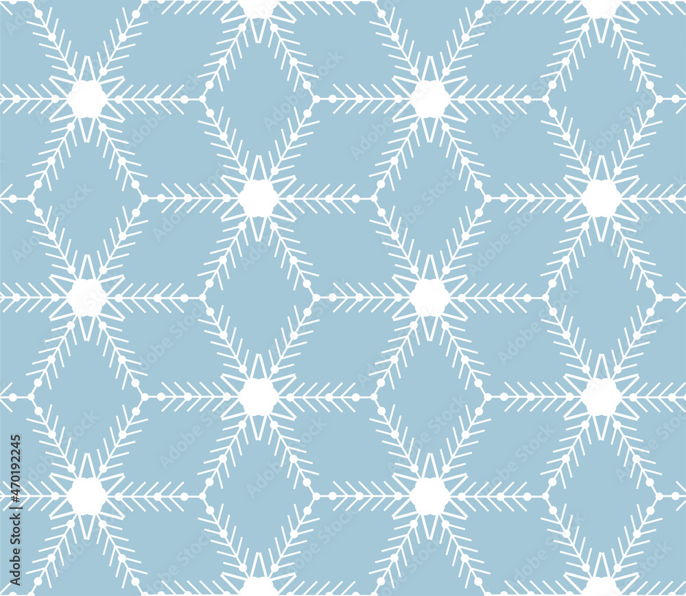 Winter Seamless Pattern Snowflakes in geometric style, white on a blue background. Winter decor for Christmas and New Year. Design of textiles, wrapping paper, cards, banners. Vector linear