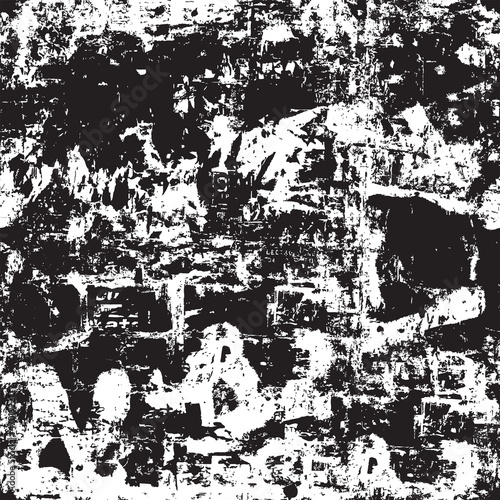 Black and white abstract seamless pattern in grunge style. Old dirty concrete wall with stains of paint. Monochrome messy worned vector background. Suitable for wallpaper, wrapping paper or fabric