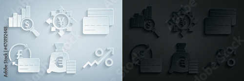 Set Coin money with euro symbol, Credit card, Percent up arrow, Yen and Pie chart and dollar icon. Vector