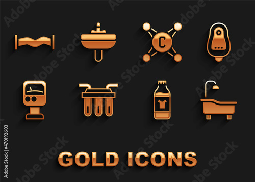 Set Water filter, Toilet urinal or pissoir, Bathtub, Bottle for cleaning agent, Pressure water meter, tap, Industry metallic pipe and Washbasin icon. Vector