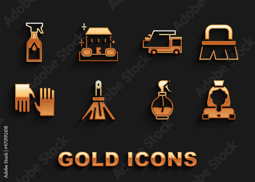 Set Handle broom, Brush for cleaning, Cleaning lady service, Water spray bottle, Rubber gloves, Garbage truck, and Home icon. Vector