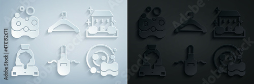 Set Kitchen apron, Home cleaning service, Cleaning lady, Washing dishes, Hanger wardrobe and Sponge icon. Vector