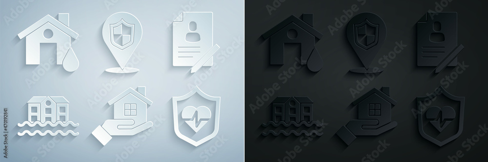 Set House in hand, Document with shield, flood, Life insurance, Location and icon. Vector Set House in hand, Document with shield, flood, Life insurance, Location and icon. Vector