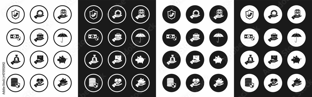 Set House in hand, Hand holding briefcase, Money with shield, Life insurance, Umbrella, Lifebuoy, Piggy bank and icon. Vector
