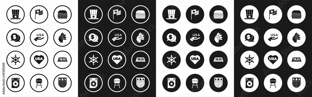 Set Burger, USA Independence day, Coin money with dollar, Patriotic American top hat, Native Indian, flag, Taxi car roof and Hexagram sheriff icon. Vector Set Burger, USA Independence day, Coin money with dollar, Patriotic American top hat, Native Indian, flag, Taxi car roof and Hexagram sheriff icon. Vector